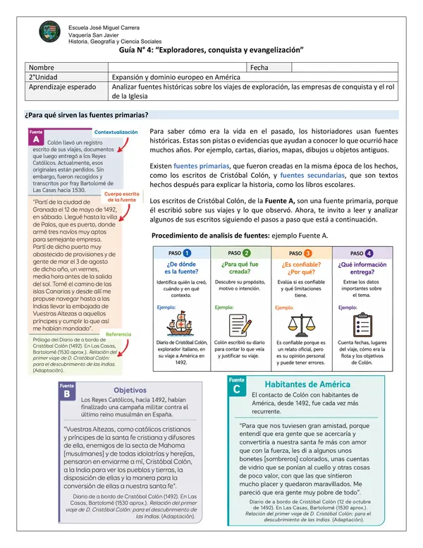 Guía N.°4: Exploradores, conquista y evangelización - 5°Básico