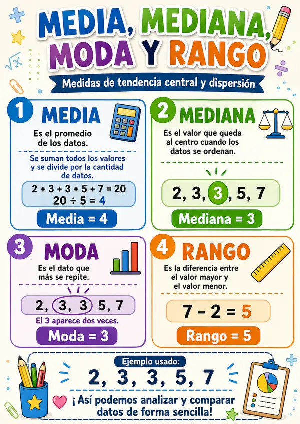 Cartel Educativo sobre Media, Mediana, Moda y Rango