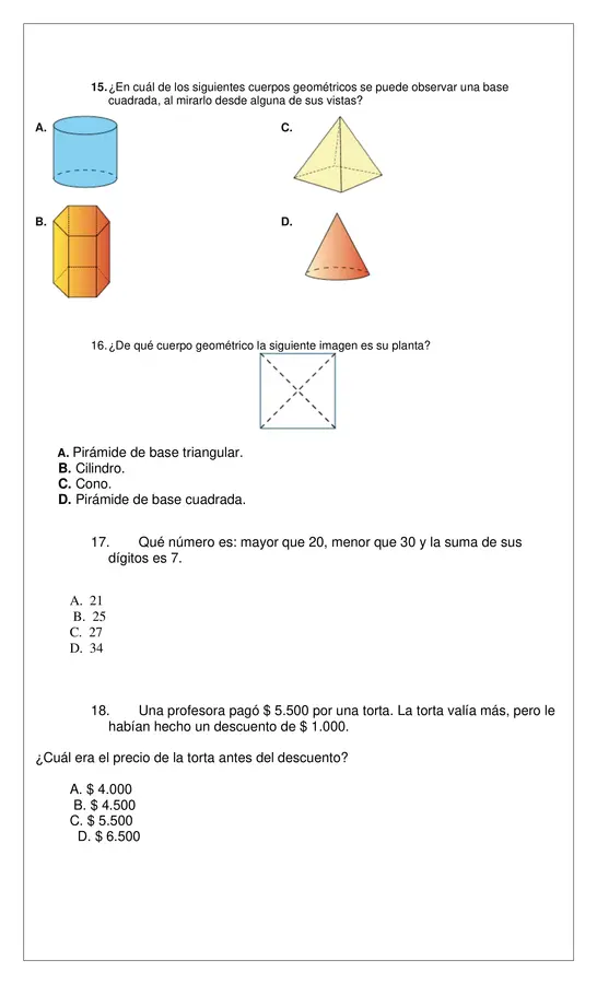 Prueba de síntesis de matemática de Números , operaciones y geometría editable en Word