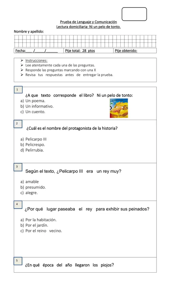 Prueba de lectura complementaria Ni un pelo de tonto