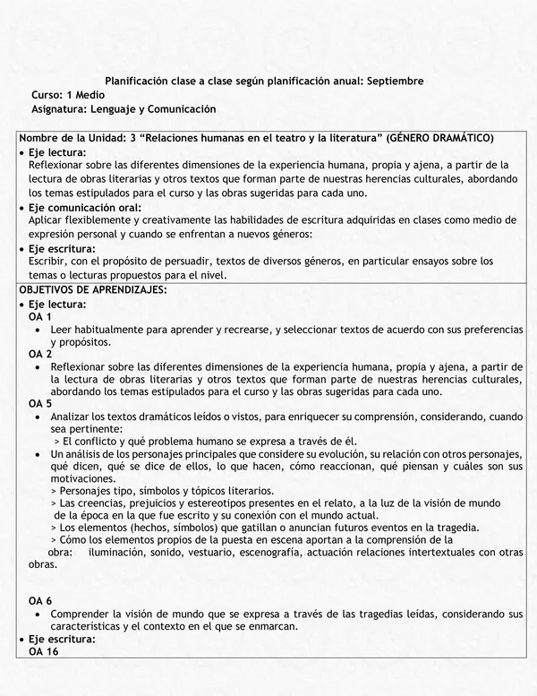 Plan Estratégico Mensual: Lenguaje 1º Medio - Unidad 3, Septiembre