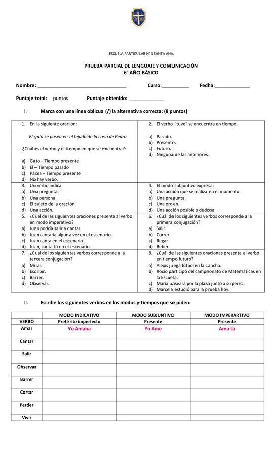 Prueba parcial: Modos, tiempos y conjugaciones verbales