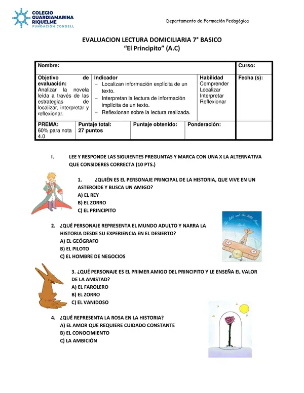 EVALUACION LECTURA DOMICILIARIA 7° BASICO   “El Principito” (A.C)