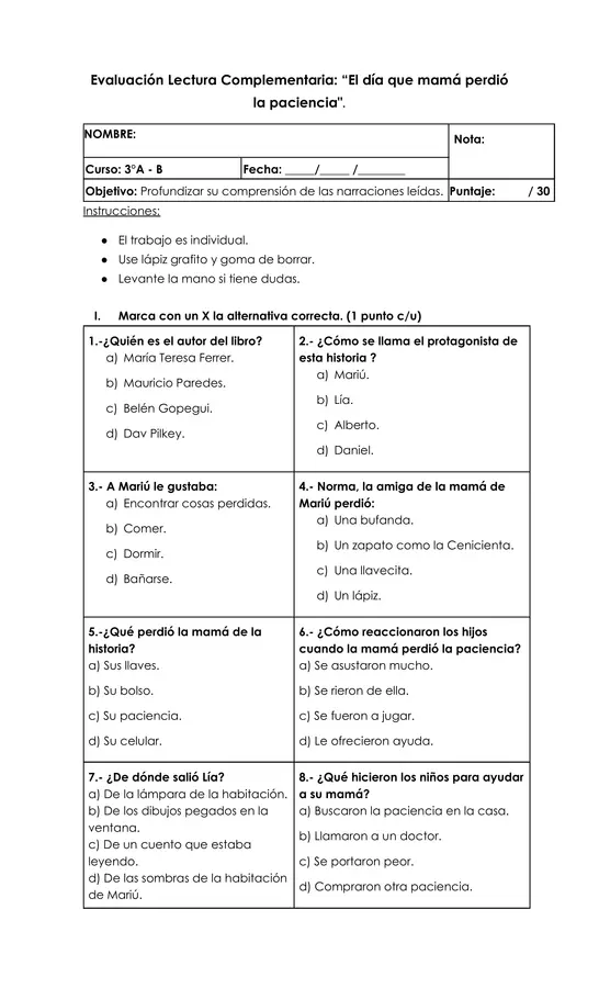 Evaluación "El día que mamá perdió la paciencia "