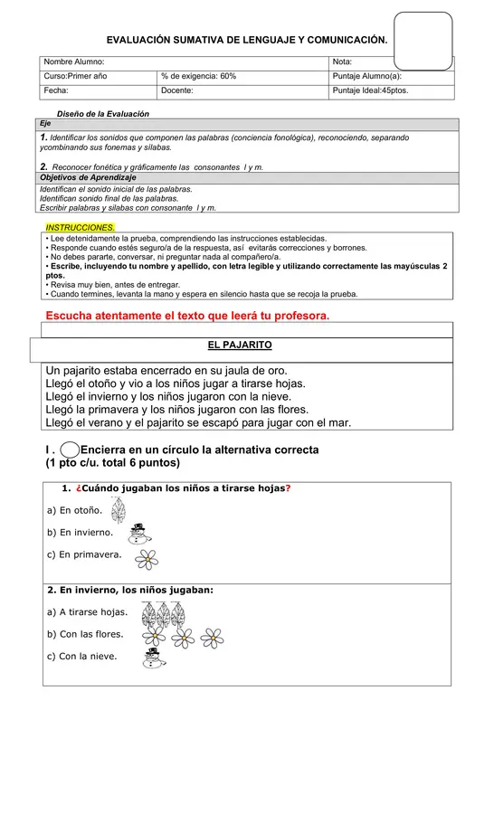 Evaluación de lenguaje adecuada primero básico