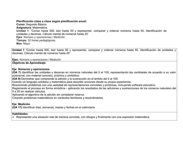 Planificación Clase a Clase: Mayo | Matemática Segundo Básico