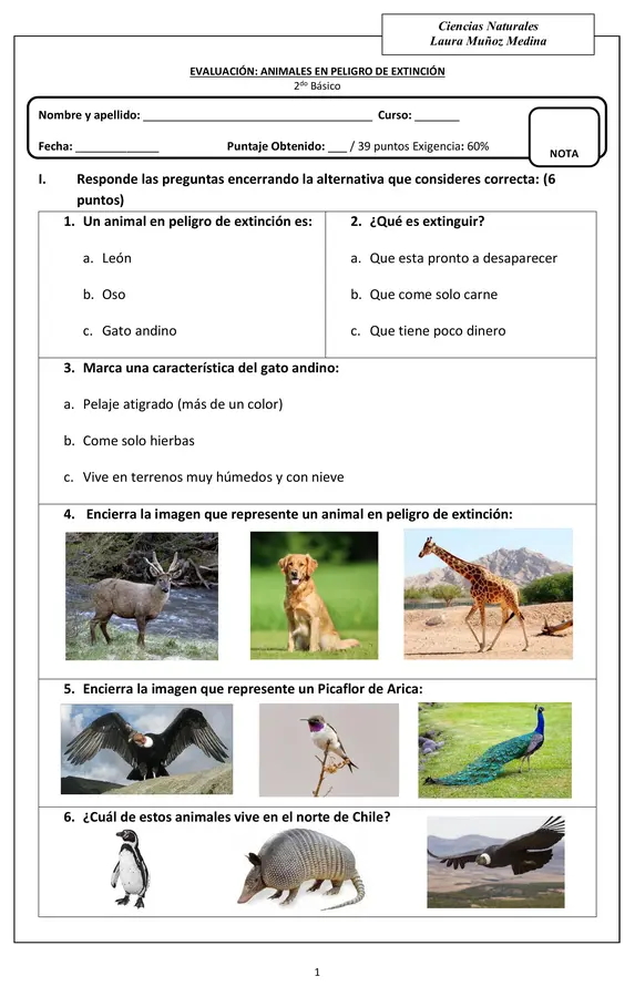 Evaluación Ciencias animales en peligro de extinción 