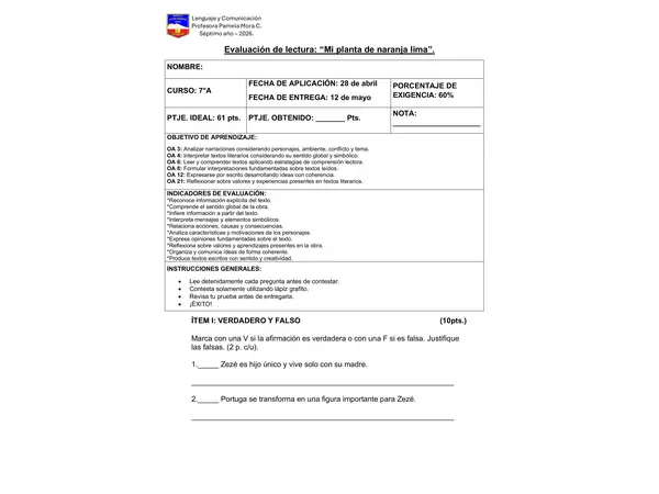Evaluación del libro "Mi planta de naranja lima"