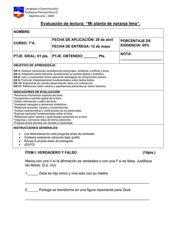 Evaluación del libro "Mi planta de naranja lima"