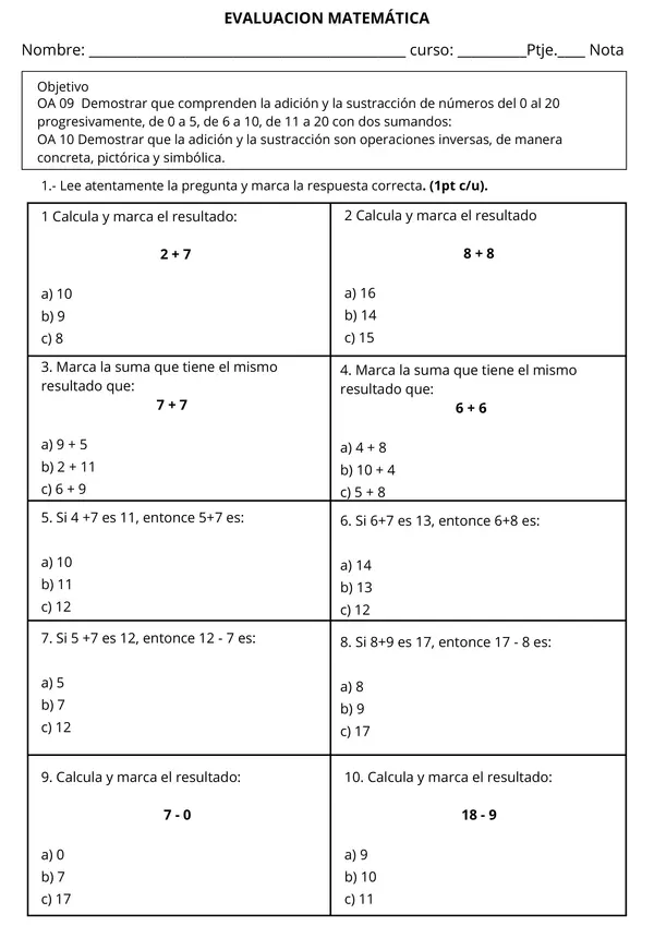 Evaluaciones: Adición, Sustracción y Multiplicación - Matemática Básica