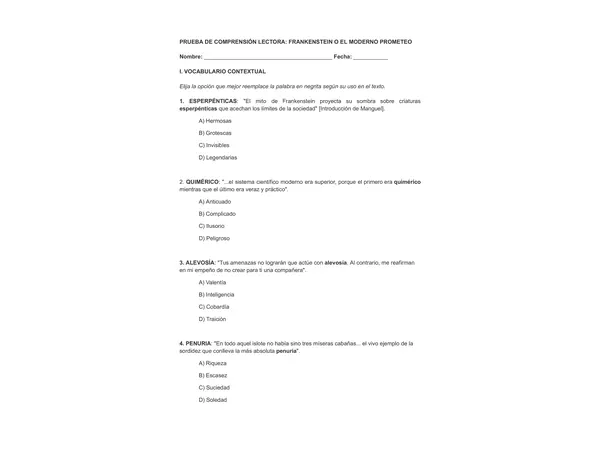 PRUEBA DE COMPRENSIÓN LECTORA: FRANKENSTEIN O EL MODERNO PROMETEO