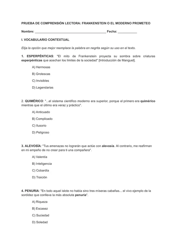 PRUEBA DE COMPRENSIÓN LECTORA: FRANKENSTEIN O EL MODERNO PROMETEO