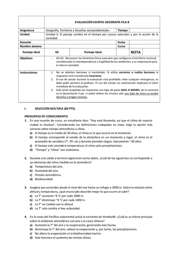 Evaluación Electivo de Geografía | Unidad 2 | Fila B | Tercero - Cuarto Medio