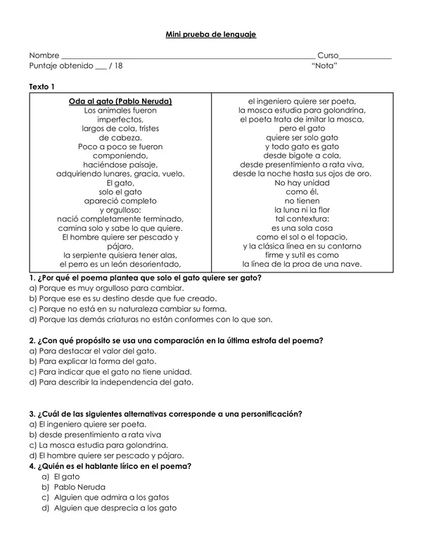 Control o ejercicios de comprensión lectora 