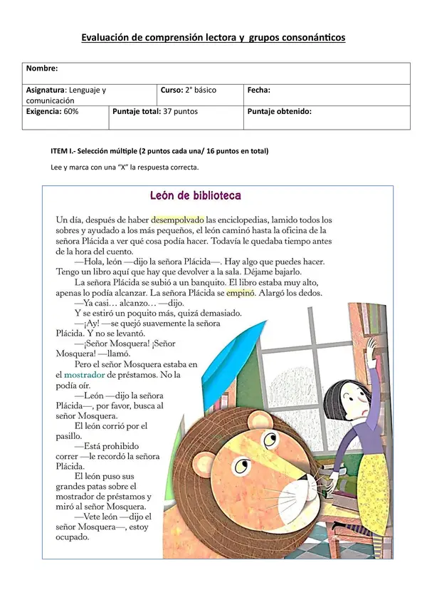 Evaluación grupos consonánticos y compresión lectora