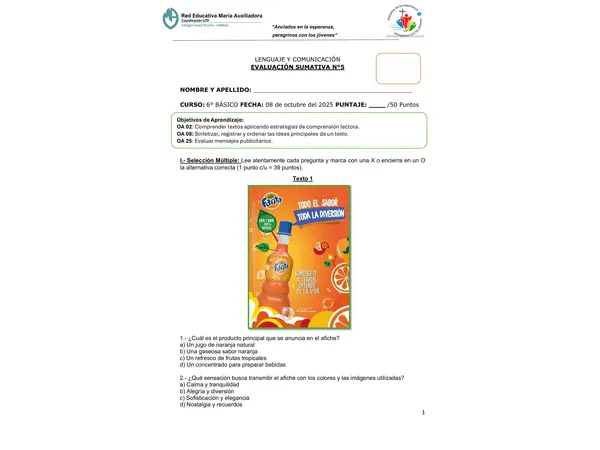 Evaluación Publicidad, textos informativos e infografías - 6° Básico 