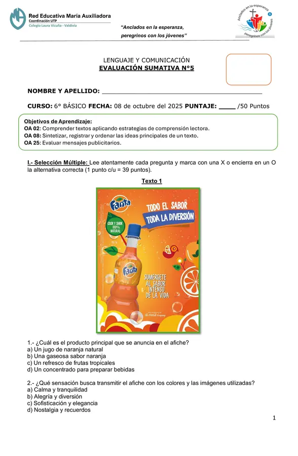 Evaluación Publicidad, textos informativos e infografías - 6° Básico 