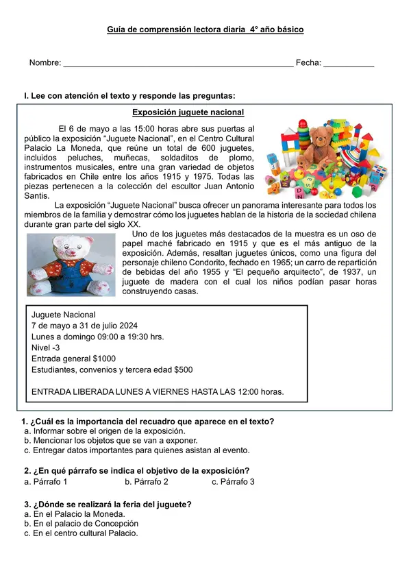 Guía comprensión artículo informativo "Exposición de juguetes" 3°-4° año