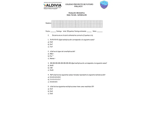 evaluación suma iterada - multiplicación segundo básico