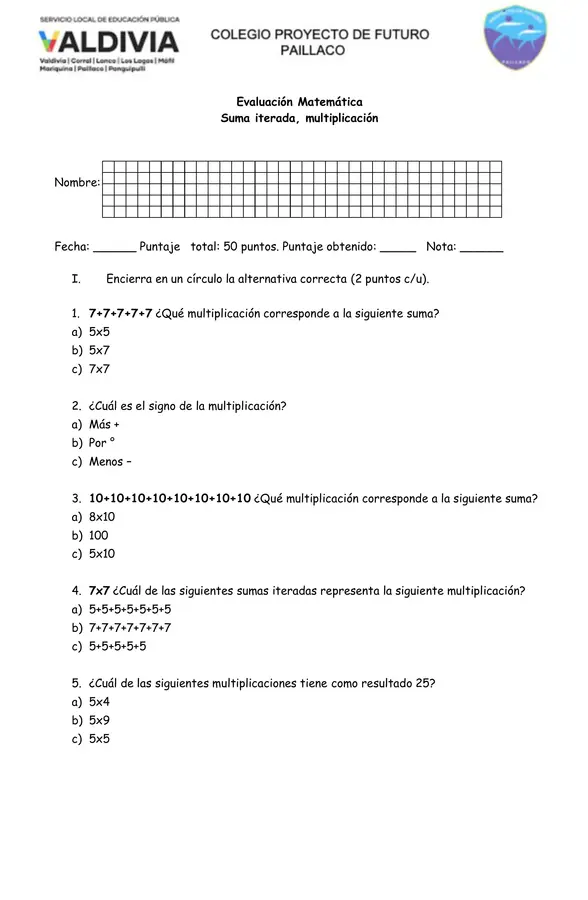 evaluación suma iterada - multiplicación segundo básico