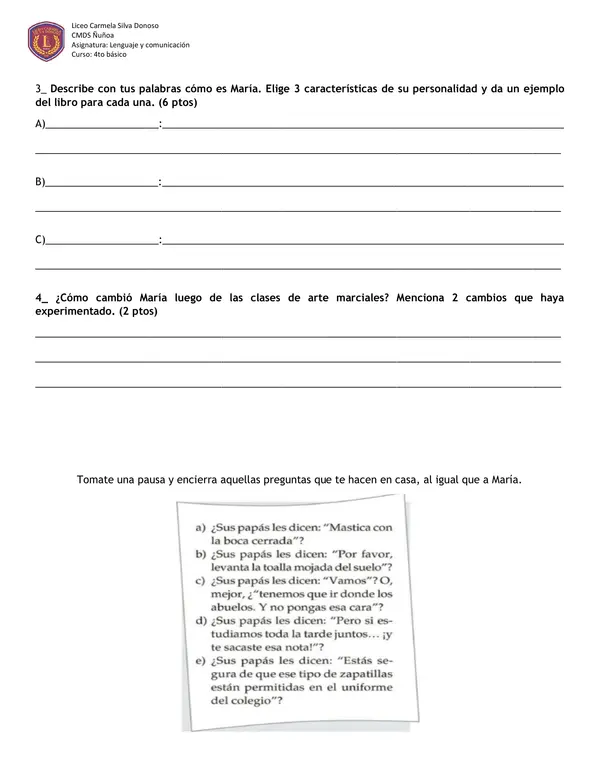 Evaluación lectura "María la dura, en no quiere ser ninja"