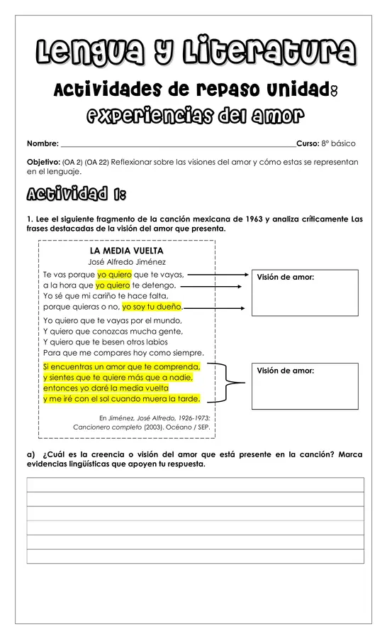 Guía de trabajo - actividades unidad experiencias del amor - 8° (Lengua y literatura)