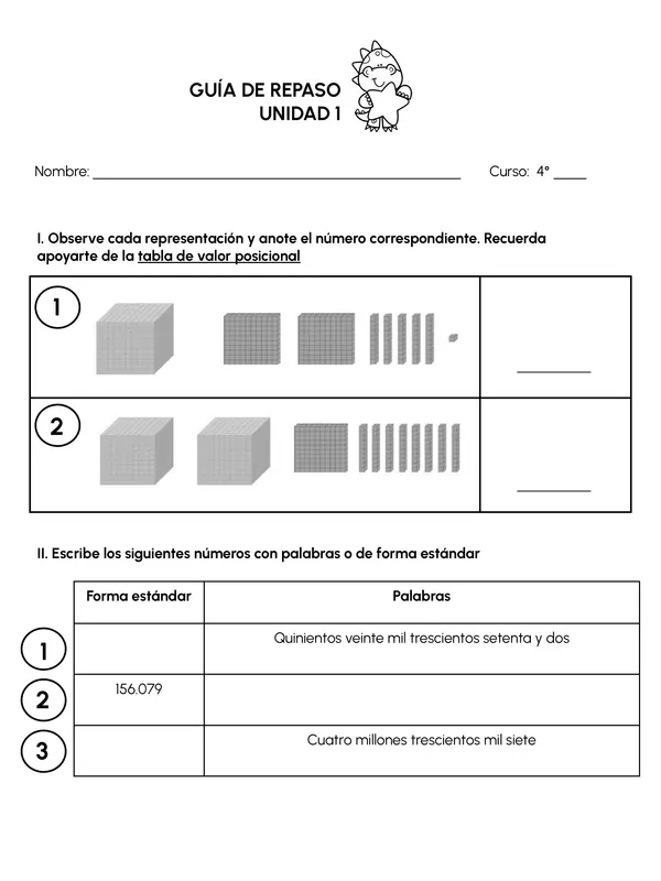 Guia repaso Unidad 1: Grandes números - Cuarto básico