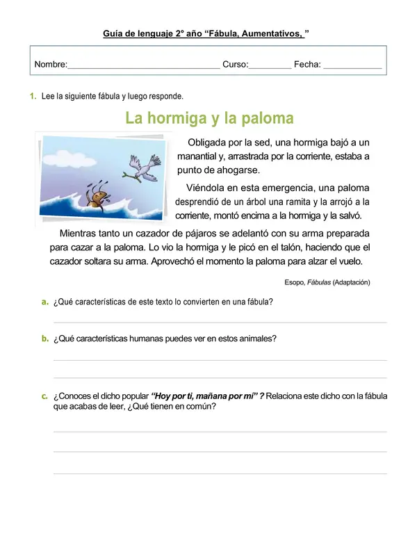 Guía de lenguaje 2°año  "Fábula y aumentativos"