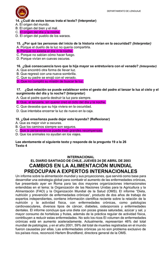Guía de comprensión de lectura octavo básico