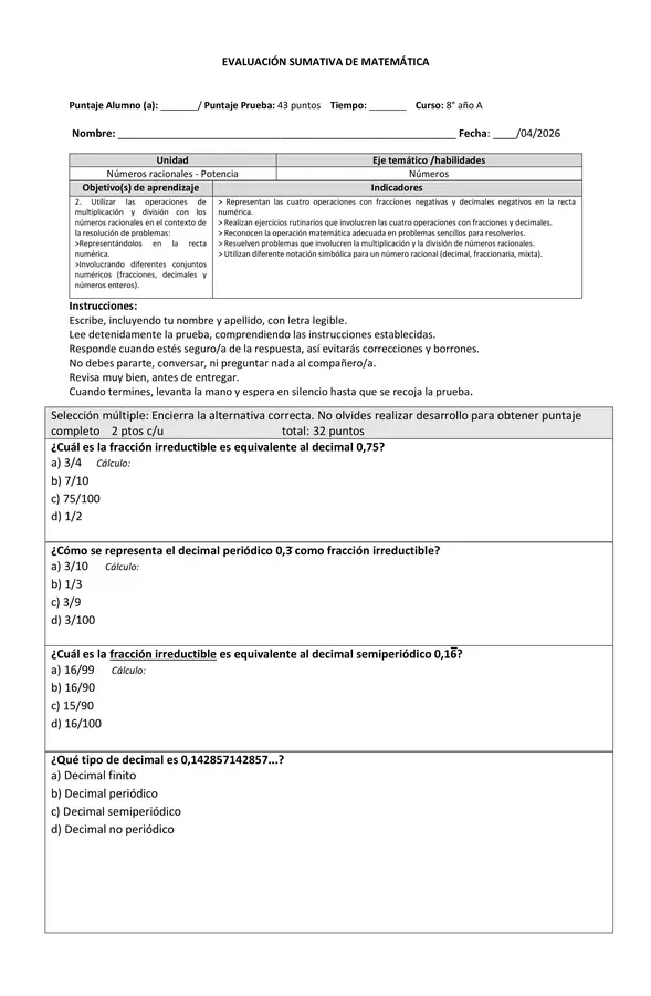 Evaluacion numeros racionales 