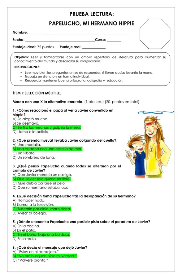 Prueba Lectura - Papelucho, mi hermano Hippie