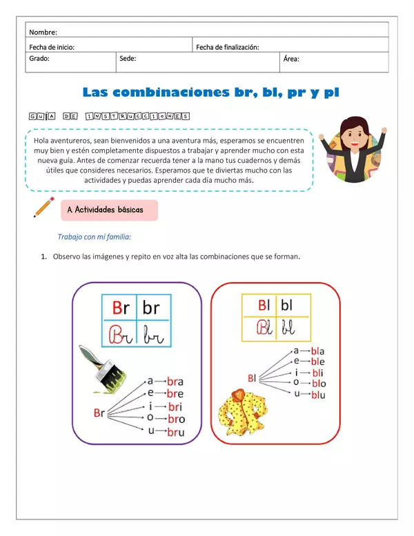 Guía lengua castellana "Combinaciones br, bl, pr y pl"