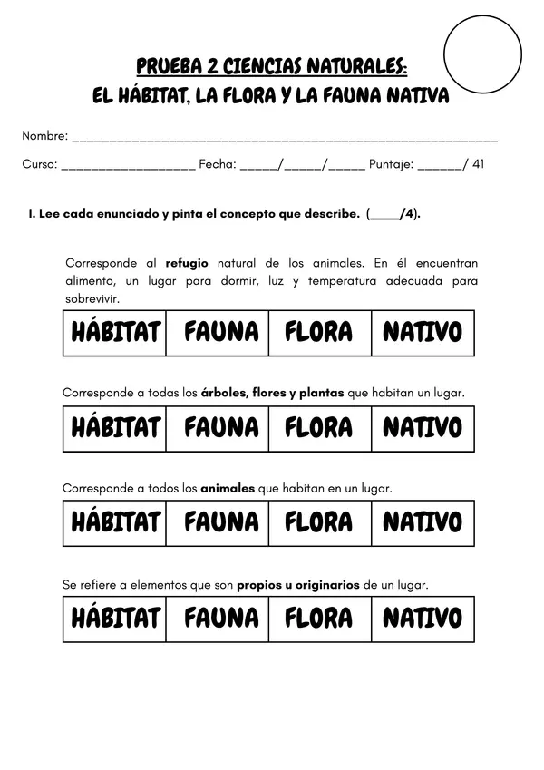 Evaluación: Hábitat, flora y fauna nativa