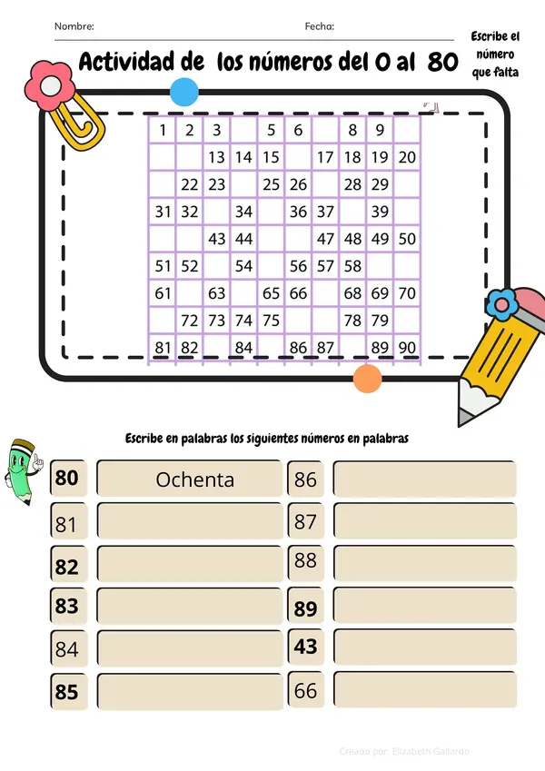 Actividad de los números del 0 al 89