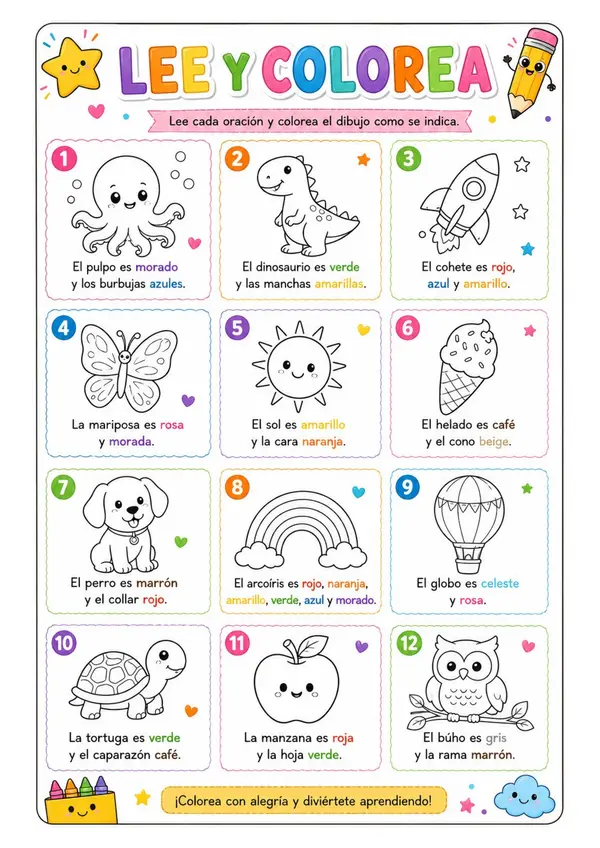 🌈🖍️ Lee y Colorea - Comprensión Lectora Inicial |