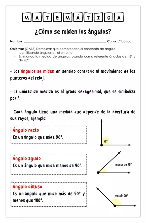 Guía de trabajo - Cómo se miden los ángulos - 3° básico