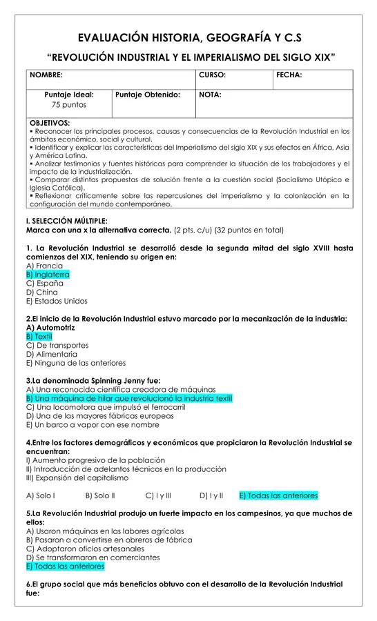 Prueba Historia - Revolución Industrial y el Imperialismo del siglo XIX