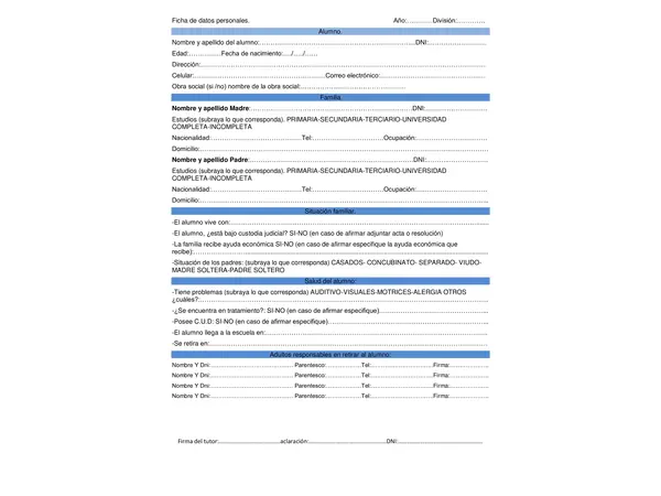 ficha hojas de datos personales para el inicio de clases