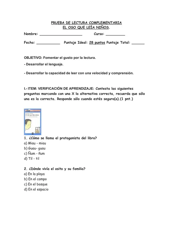 Evaluación de comprensión lectora. “El oso que leía niños”