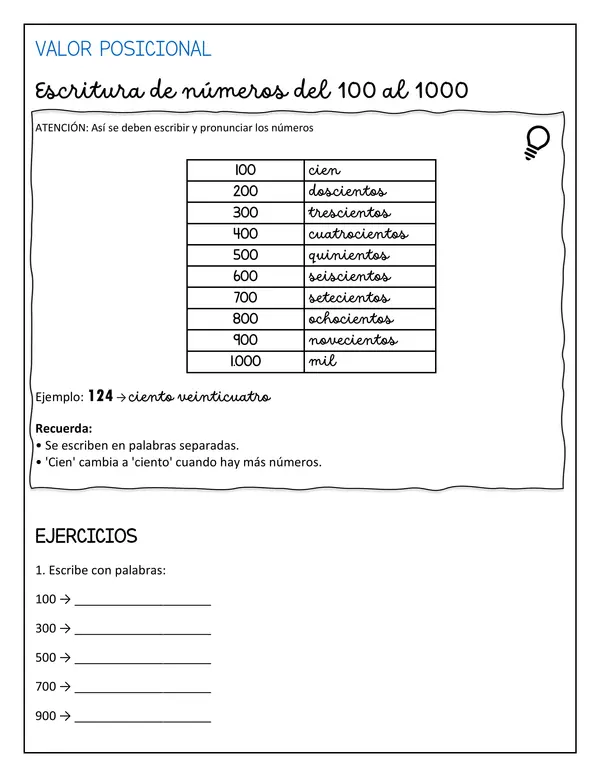 Escritura de números del 100 al 1.000
