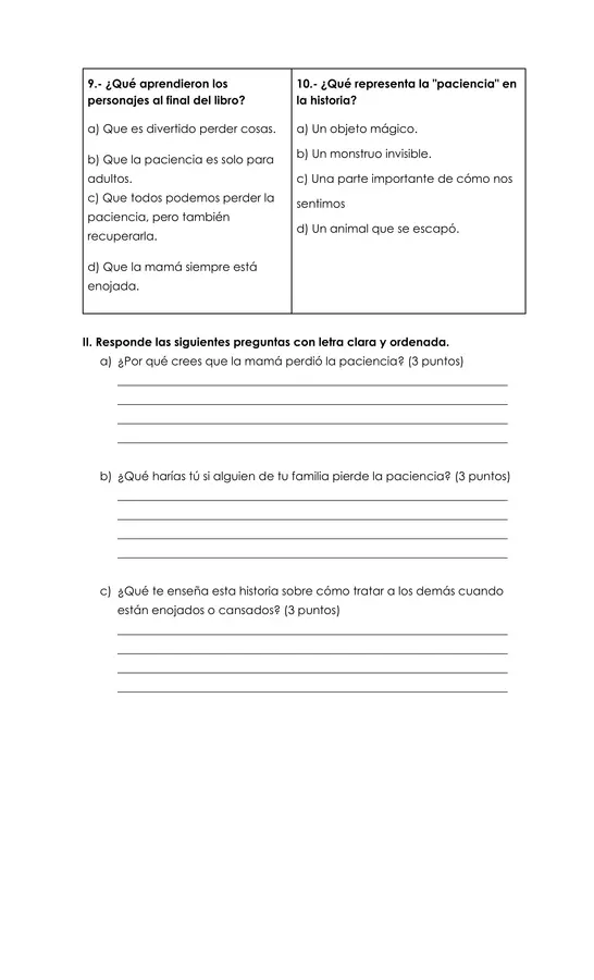 Evaluación "El día que mamá perdió la paciencia "