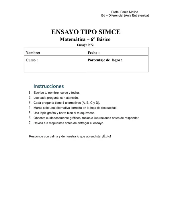 ENSAYO SIMCE  N° 2  6TO BÁSICO MATEMÁTICA 