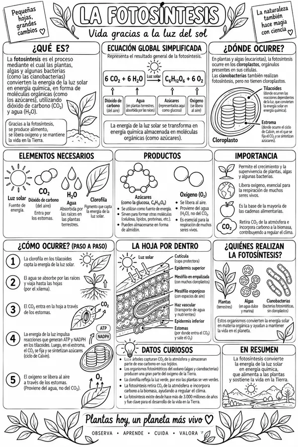 La fotosíntesis – Póster educativo de Ciencias y Biología | Proceso, ecuación y partes