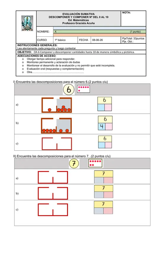 EVALUACIÓN ED. MATEMÁTICA DESCOMPONER NÚMEROS DEL 0 AL 10