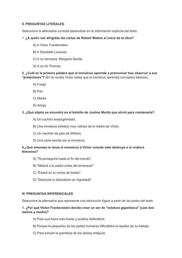PRUEBA DE COMPRENSIÓN LECTORA: FRANKENSTEIN O EL MODERNO PROMETEO