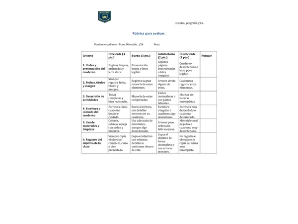Rúbrica para evaluar cuadernos.