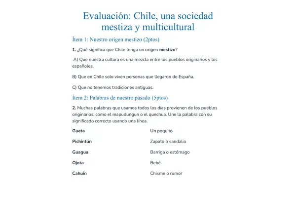 Evaluación: Chile, una sociedad mestiza 