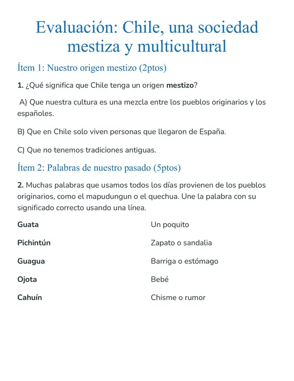 Evaluación: Chile, una sociedad mestiza 