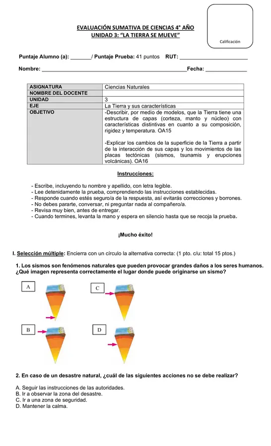Evaluación de ciencias 4° año "Los movimientos de las placas"