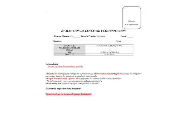 Evaluación Lenguaje y Comunicación.